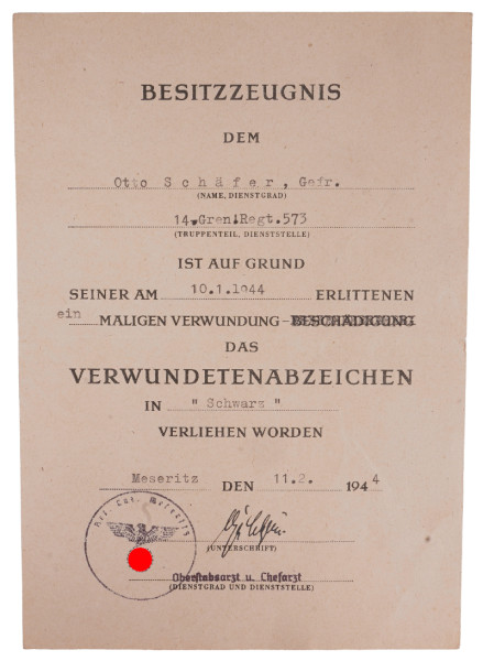 Besitzzeugnis Verwundetenabzeichen in Schwarz Schafer G.R.573