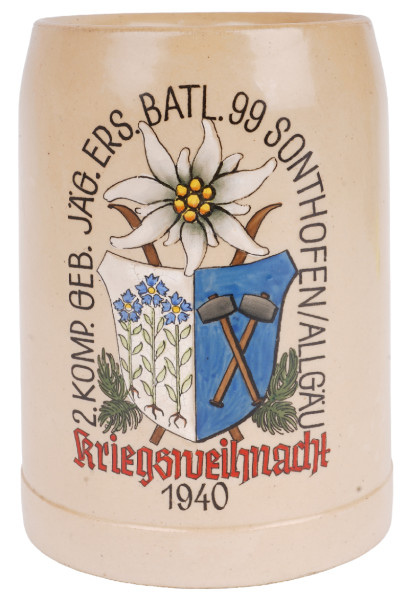 Bierkrug Kriegsweihnacht 1940 2.Komp. Geb. Jäg. Ers. Batl. 99 Sonthofen / Allgäu