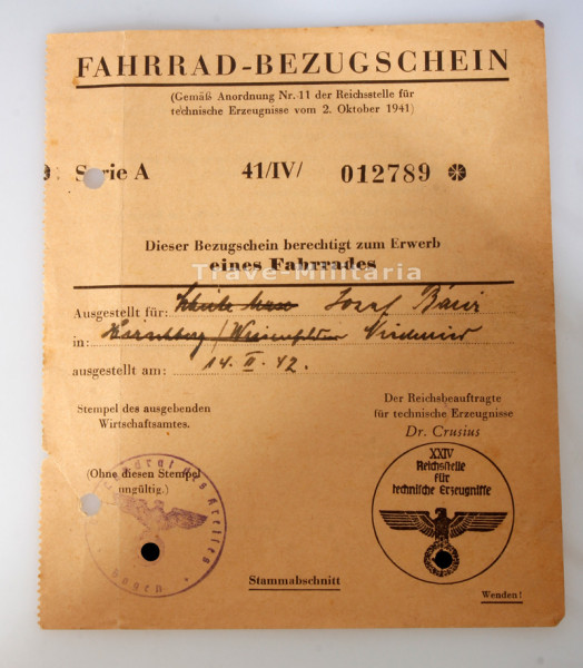 Fahrrad Bezugschein 1942