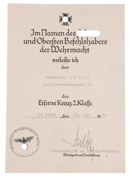 Urkunde Eisernes Kreuz 2. Klasse Mönch Kavallerie-Regiment 21