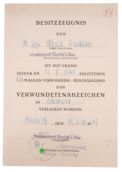 Besitzzeugnis Verwundetenabzeichen in Schwarz Bastiber