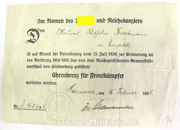 Urkunde zum Ehrenkreuz für Frontkämpfer für Maurer in Empelde