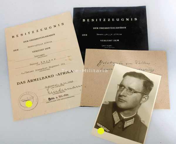 Urkunde Ärmelband "Afrika" Kayser Panzer-Grenadier-Regiment 361
