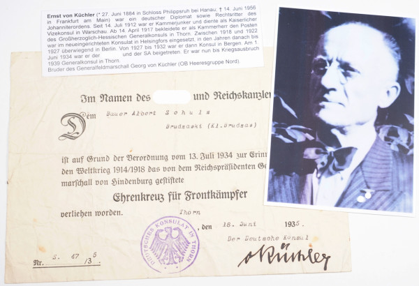 Urkunde Ehrenkreuz für Frontkämpfer OU Ernst von Küchler