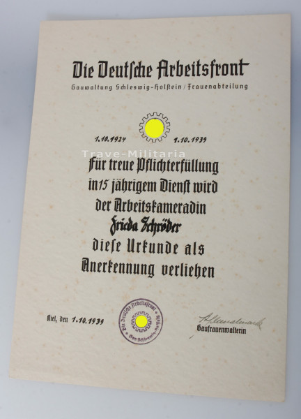DAF Anerkennungsurkunde 15 Dienstjahre Frieda Schröder