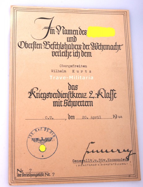 Urkunde Kriegsverdienstkreuz 2.Klasse mit Schwertern