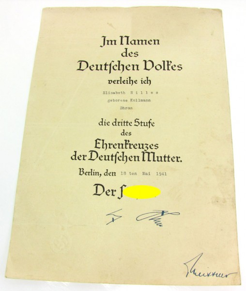 Urkunde zum Ehrenkreuz der Deutschen Mutter 3. Stufe