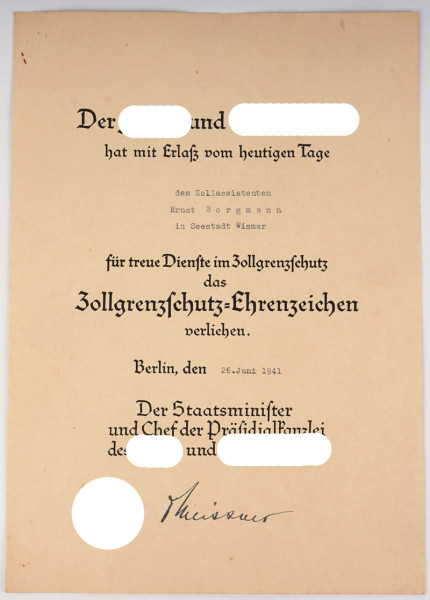 Urkunde Zollgrenzschutz-Ehrenzeichen Borgmann, Wismar
