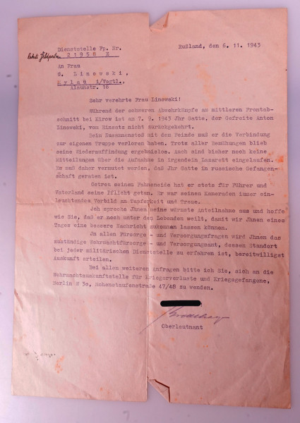 Brief über Vermissten Anton Linowski 1943 I.R. 588