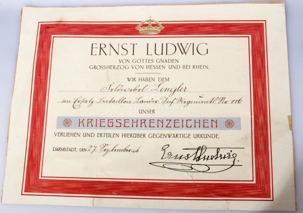 Urkunde Hessen-Darmstadt Kriegsehrenzeichen Lingler Landwehr Inf. Regt. No.116